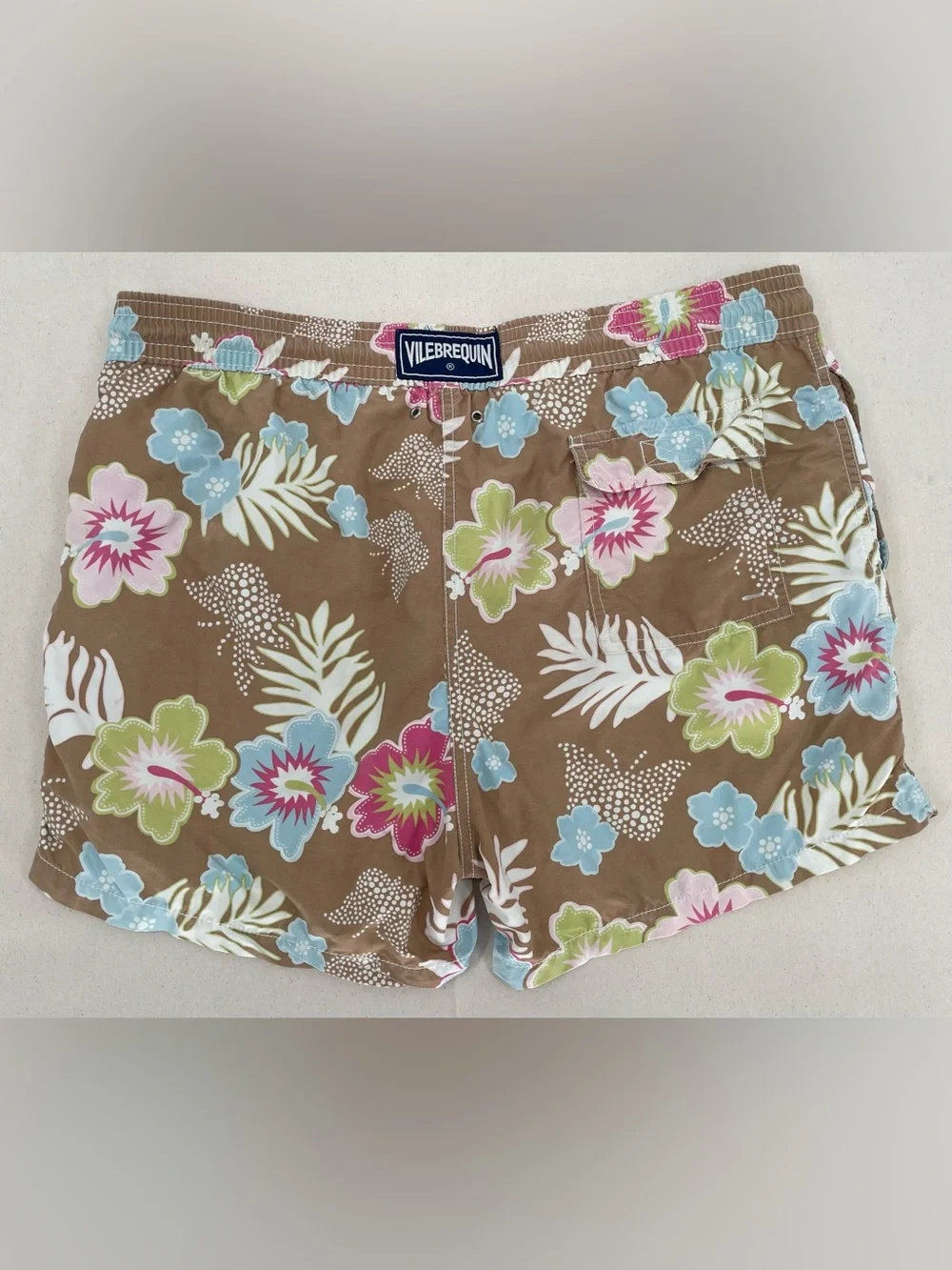 Vilebrequin Brown Floral Drawstring Swim Shorts with Blue Pink Green Accents